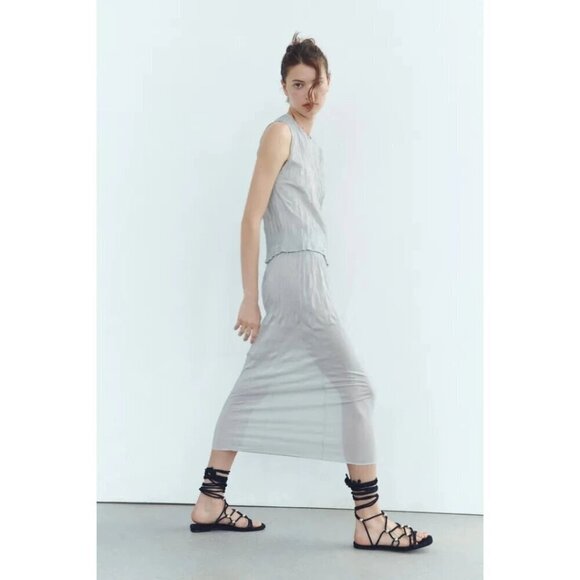 NWT Zara metallic fibre silver wrinkle effect crinkle high waist midi skirt, S - Picture 3 of 15